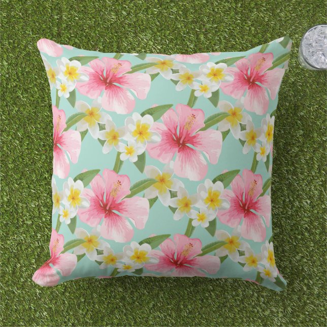 Tropical Aqua Pink Hibiscus Flowers Pattern Cushion (Grass)