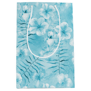Tropical Aqua White Orchids Hibiscus Floral Medium Gift Bag