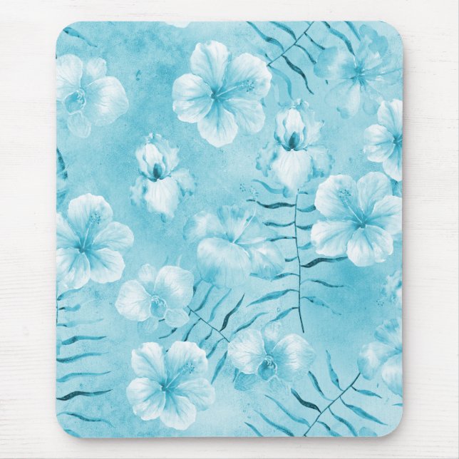 Tropical Aqua White Orchids Hibiscus Floral Mouse Pad (Front)