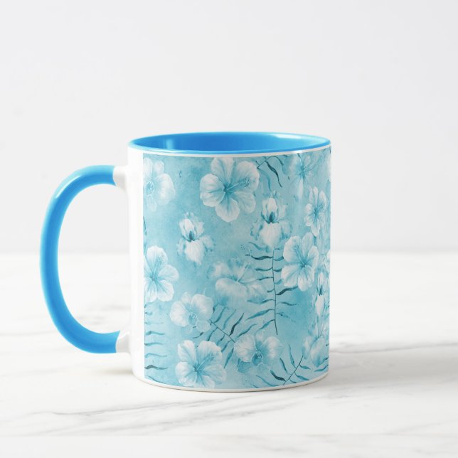 Tropical Aqua White Orchids Hibiscus Floral Mug (Left)