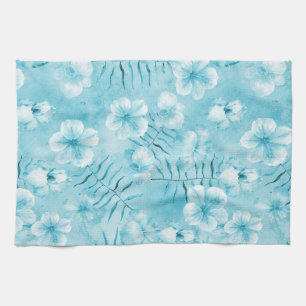Tropical Aqua White Orchids Hibiscus Floral Tea Towel