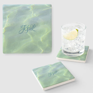 Tropical Aquamarine Water with Initials Stone Coaster