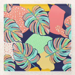Tropical Artwork: Multicolored Monstera Design Glass Coaster