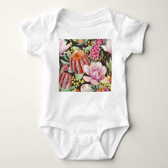 Tropical Australian plants, watercolor pattern. Baby Bodysuit (Front)