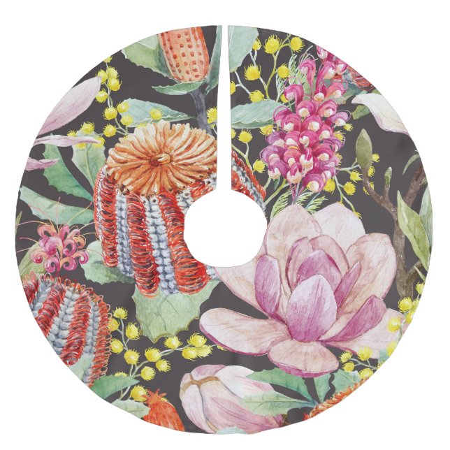 Tropical Australian plants, watercolor pattern. Brushed Polyester Tree Skirt (Front)