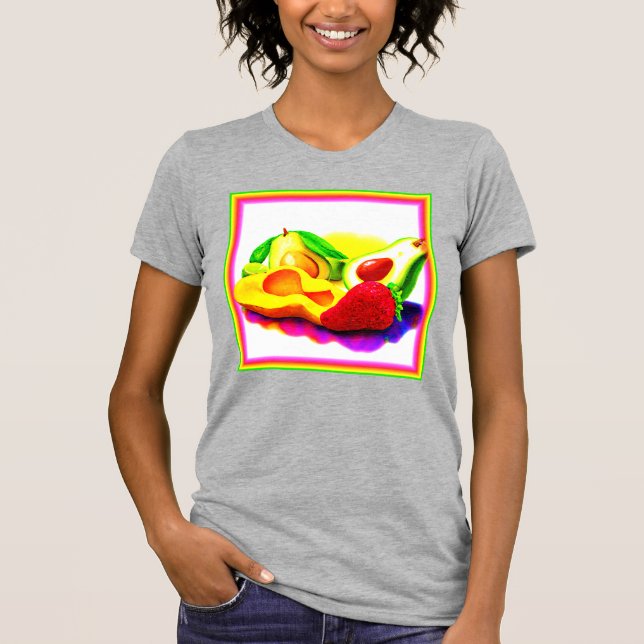 Tropical Avocado, Strawberry, and Mango. Buy Now T-Shirt (Front)