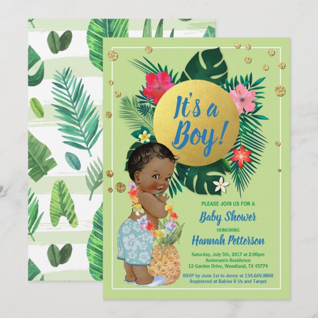 Tropical baby boy couples shower green gold invitation (Front/Back)