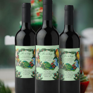 Tropical baby exotic Parrots Co-Ed Baby Shower Win Wine Label