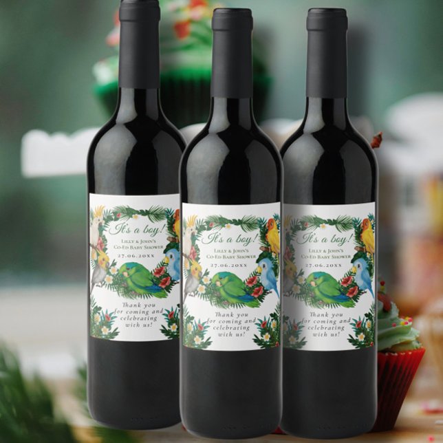 Tropical baby exotic Parrots Co-Ed Baby Shower Wine Label (Creator Uploaded)