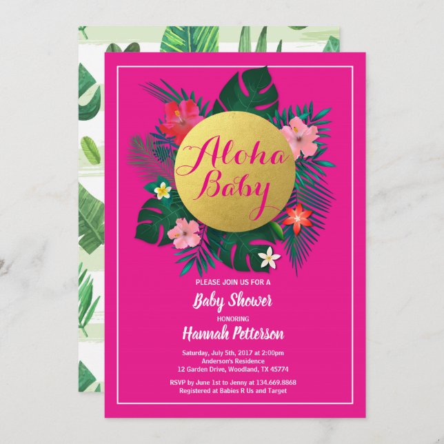 Tropical baby girl shower invitation hot pink (Front/Back)
