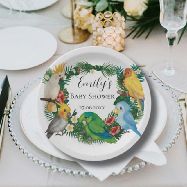 Tropical baby Parrots exotic Greenery Baby Shower Paper Plate (Creator Uploaded)