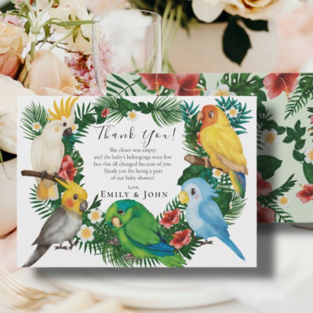 Tropical baby Parrots Wild Baby Shower Photo Thank Thank You Card (Creator Uploaded)