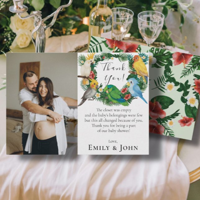 Tropical baby Parrots Wild Baby Shower Photo Thank You Card (Creator Uploaded)