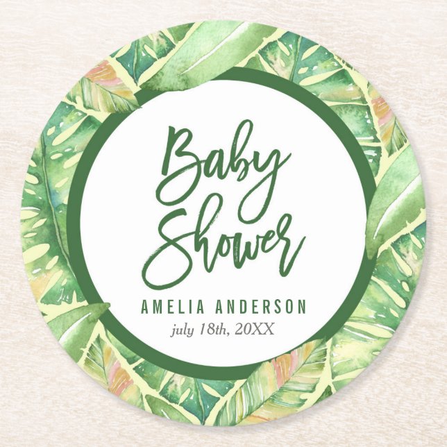 Tropical Baby Shower Green Watercolor Leaves Round Paper Coaster (Front)