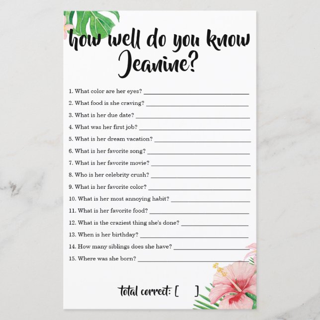 Tropical Baby Shower How Well Do You Know Mum (Front)