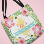 Tropical Bachelorette Luau Pineapple Flowers Tote Bag<br><div class="desc">"Aloha" personalised wedding bachelorette luau party bags feature a yellow pineapple with lush frame of green palm leaves and tropical hibiscus flowers. Stylish custom text can be personalised with the bride's name and your choice of wording. Vibrant colours include pink,  magenta,  green,  yellow,  seafoam,  and aqua blue.</div>