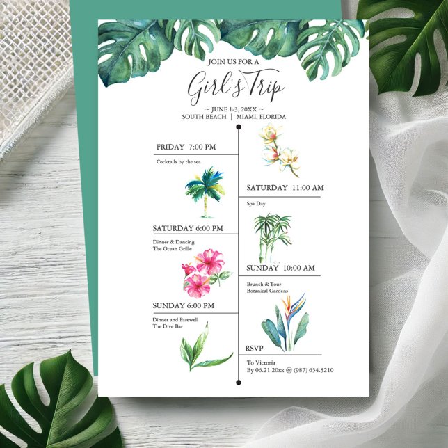 Tropical Bachelorette Party Invitations Itinerary (Tropical girls trip invitations watercolor monstera leaves and florals by Victoria Grigaliunas )