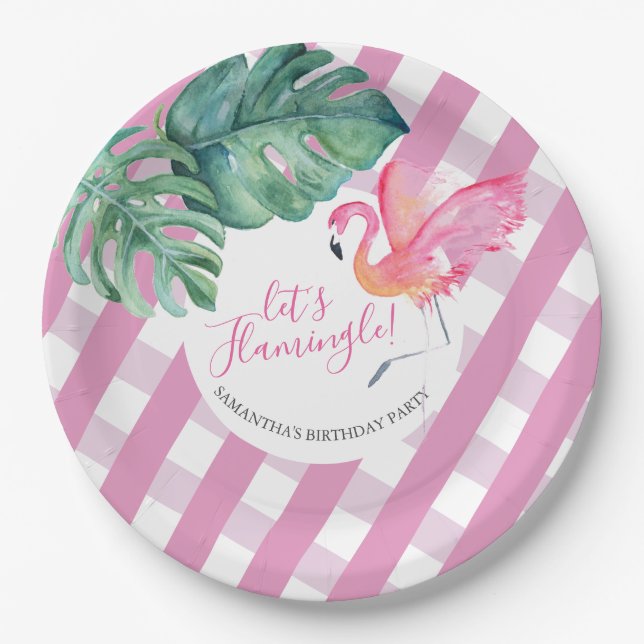 Tropical Backyard Birthday Pink Flamingo Paper Plate (Front)