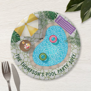 Tropical Backyard Pool Scene Summer Pool Party Paper Plate