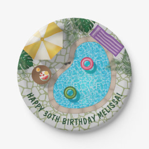 Tropical Backyard Pool Summer Pool Birthday Party Paper Plate