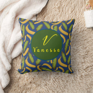 Tropical Banana Blue Leaf Monogram Script   Cushion