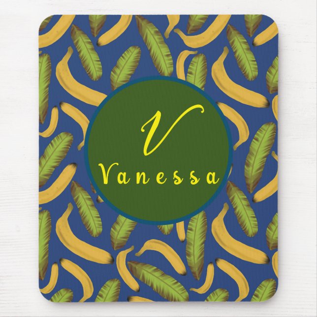 Tropical Banana Blue Leaf Monogram Script  Mouse Pad (Front)