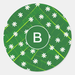 tropical banana leaf and flowers green botanical classic round sticker