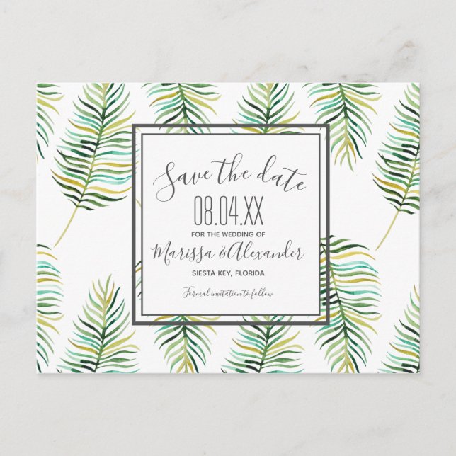 Tropical Banana Leaf Beach Save the Dates Announcement Postcard (Front)