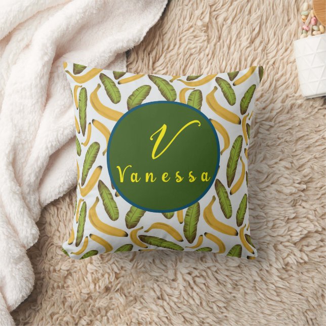 Tropical Banana Leaf Monogram Script  Cushion (Blanket)