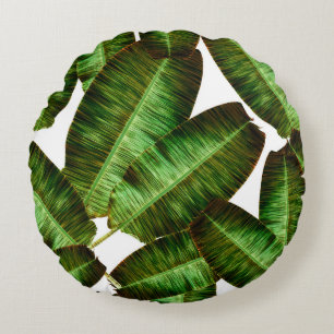 Tropical banana leaves, jungle leaf seamless flora round cushion