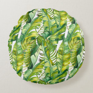 Tropical Banana Leaves Watercolor Pattern Round Cushion