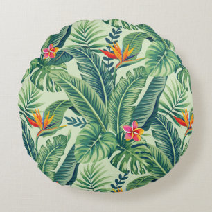 Tropical Banana Monstera Palm Leaves & Flowers Round Cushion