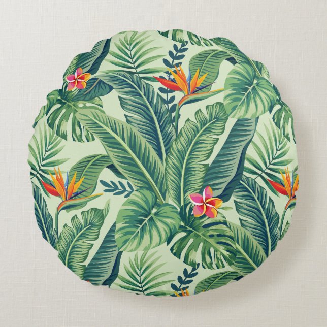 Tropical Banana Monstera Palm Leaves & Flowers Round Cushion (Front)