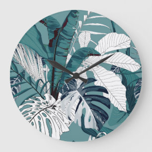 Tropical Bananas Monstera: Fashionable Seamless. Large Clock