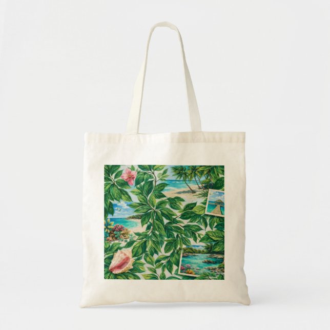 Tropical Barbuda Beach Botanical Collage Tote Bag (Front)