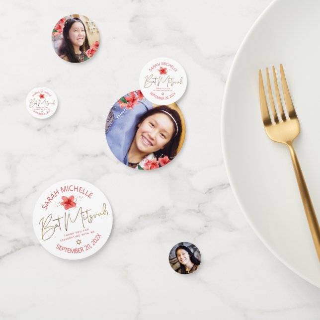 Tropical Bat Mitzvah 3 Photo Pink Gold Floral Glam Confetti (Group)