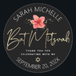 Tropical Bat Mitzvah Black Gold Floral Watercolor Classic Round Sticker<br><div class="desc">Be proud, rejoice and celebrate this milestone of your favourite Bat Mitzvah whenever you use this sophisticated, personalised sticker! A stylish, stunning, colourful, tropical watercolor plumeria flower, faux gold handwritten script, Star of David and glitter dots, along with white modern sans serif type, overlay a dramatic black background. Personalise the...</div>
