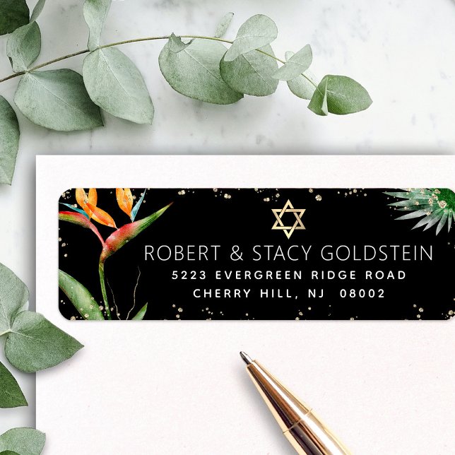 Tropical Bat Mitzvah Black Gold Watercolor Address (Creator Uploaded)