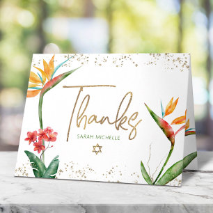 Tropical Bat Mitzvah Floral Watercolor Gold Script Thank You Card