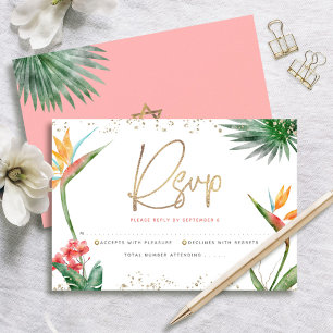 Tropical Bat Mitzvah Gold Script Floral Watercolor RSVP Card
