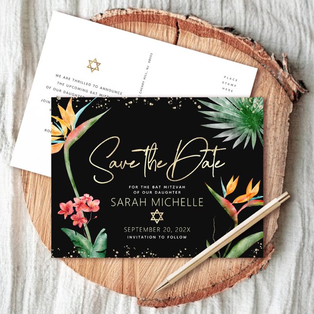 Tropical Bat Mitzvah Save Date Black Gold Floral Invitation Postcard (Creator Uploaded)