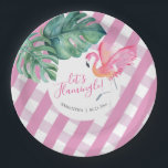 Tropical BBQ Baby Shower Watercolor Paper Plate<br><div class="desc">This tropical cookout gingham paper plate is part of my tropical Florida collection. My backyard girl baby shower party decor suite features a replica of my original watercolor pink flamingo and monstera palm leaves on a pink chequered print. Personalise them with the mum-to-be name and shower date. Perfect for a...</div>