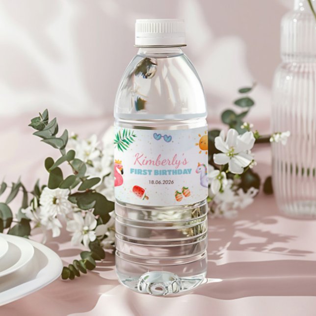 Tropical Beach 1st Birthday Party Water Bottle Label (Creator Uploaded)