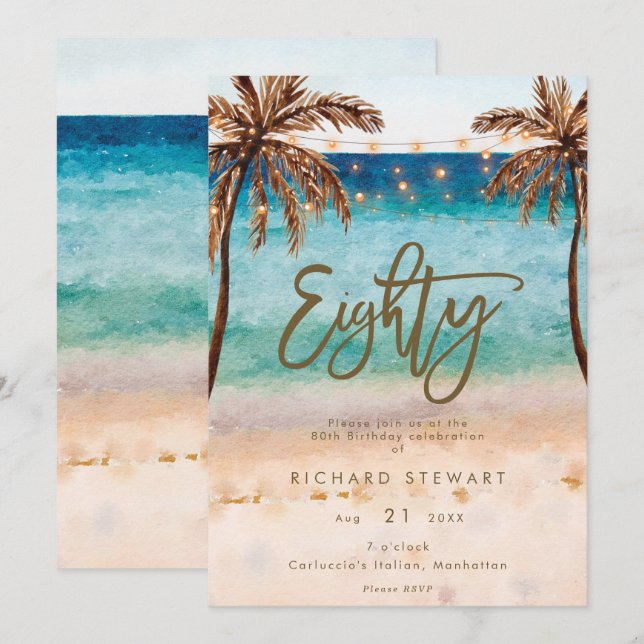 tropical beach 80th birthday party invitation (Front/Back)