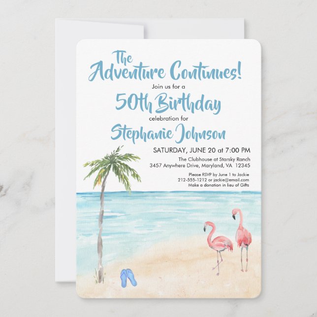 Tropical Beach Adventure 50th Birthday Party Blue Invitation (Front)