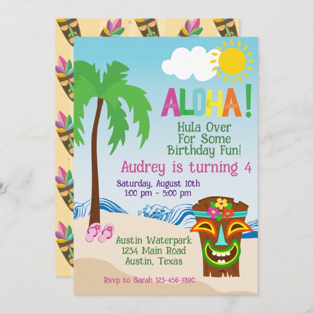 Tropical Beach Aloha Luau Birthday Invitation (Front/Back)