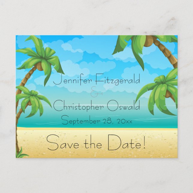 Tropical Beach and Palm Trees Save the Date Announcement Postcard (Front)
