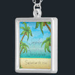 Tropical Beach and Palm Trees Wedding Memento Silver Plated Necklace<br><div class="desc">A memento for the newly weds or as a thank you gift for the bridal party, a tropical design featuring an illustration of a beach scene with palm trees and coconuts. The text is fully customisable for the details of your own special occasion. This necklace memento coordinates with the Tropical...</div>
