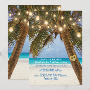 Tropical Beach and String Lights Wedding Invitation