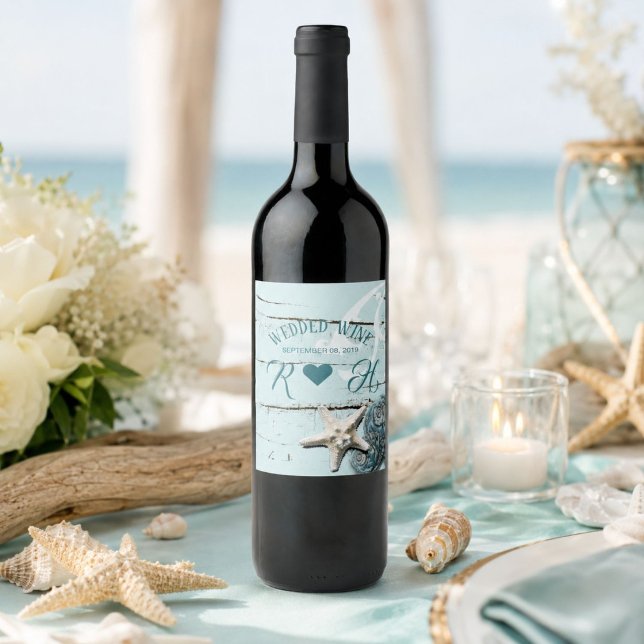 tropical beach aqua blue seashell starfish wedding wine label (tropical beach aqua blue seashell starfish wedding wine label)